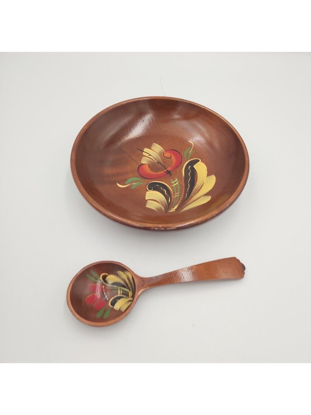 Vintage Scandinavian Swedish Wooden Bowl Spoon Hand Painted Sweden MCM